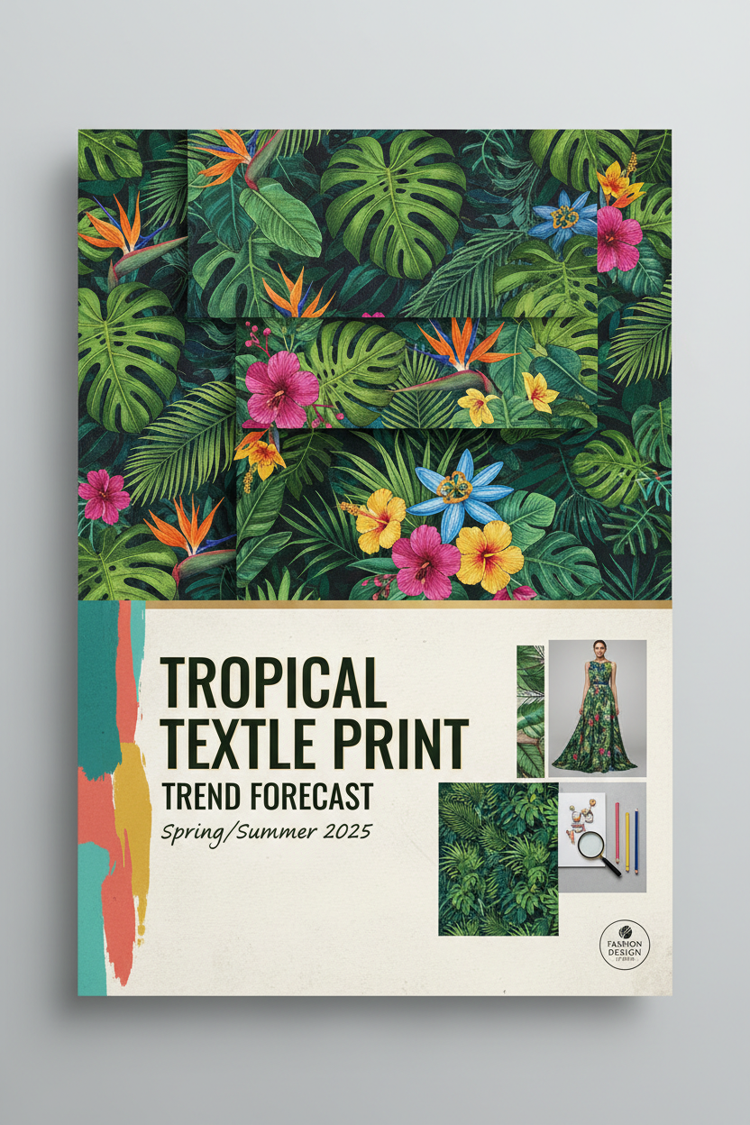 Tropical Print Trend Forecast PDF cover with lush jungle leaves and exotic flowers